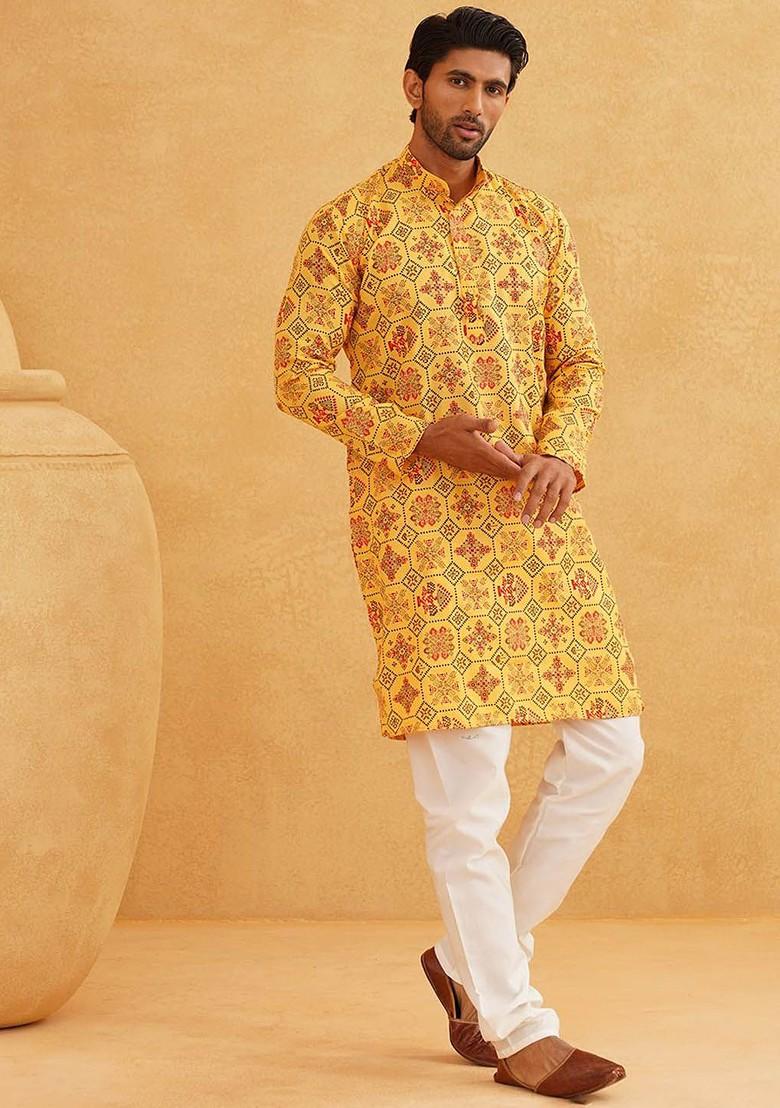 Yellow Ethnic Motifs Poly Blend Kurta Set For Men