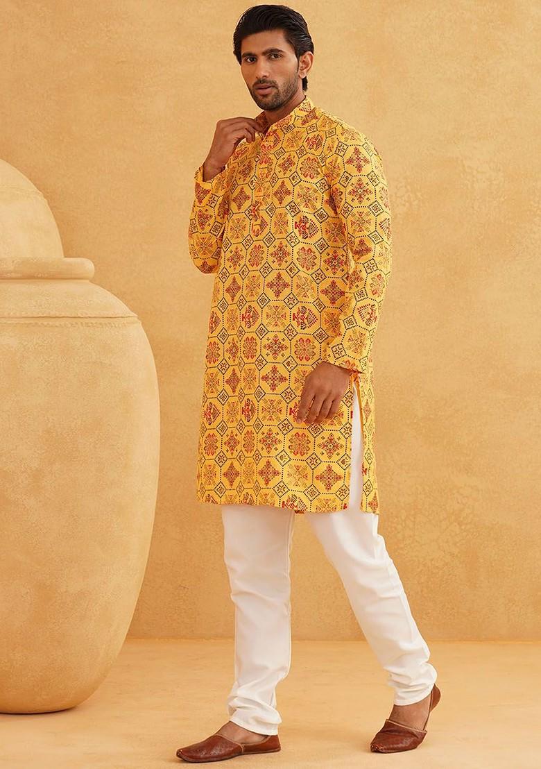 Yellow Ethnic Motifs Poly Blend Kurta Set For Men
