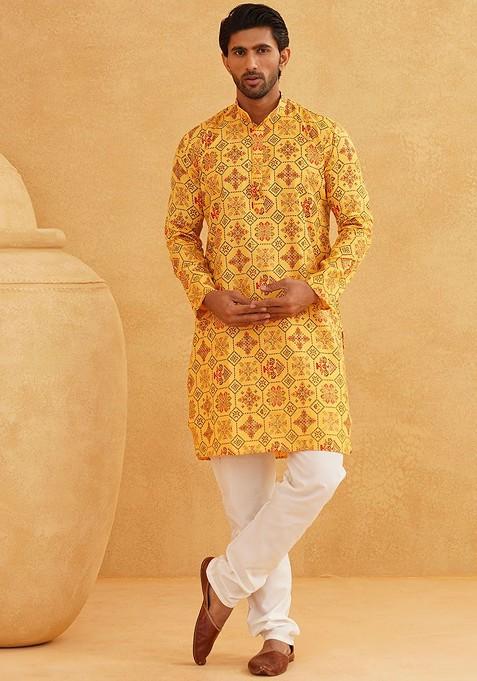 Yellow Ethnic Motifs Poly Blend Kurta Set For Men