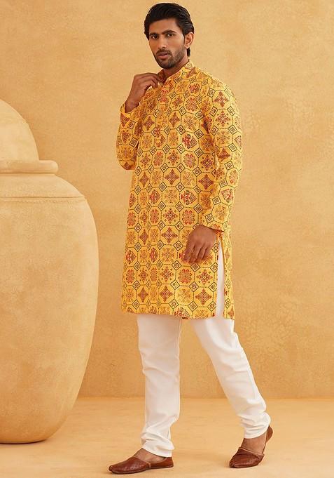 Yellow Ethnic Motifs Poly Blend Kurta Set For Men