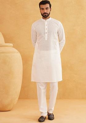 Cream Thread Work Cotton Kurta Set For Men