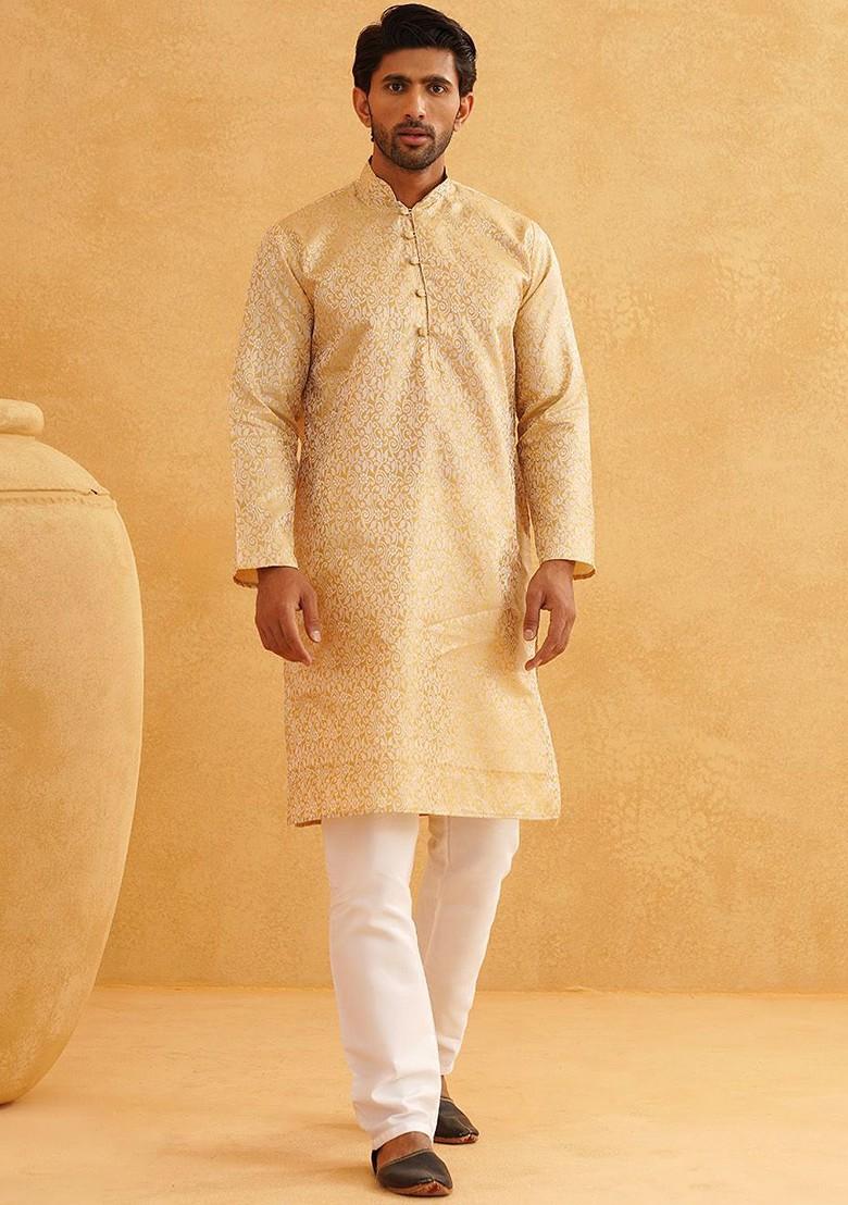 Gold Woven Poly Blend Kurta Set For Men