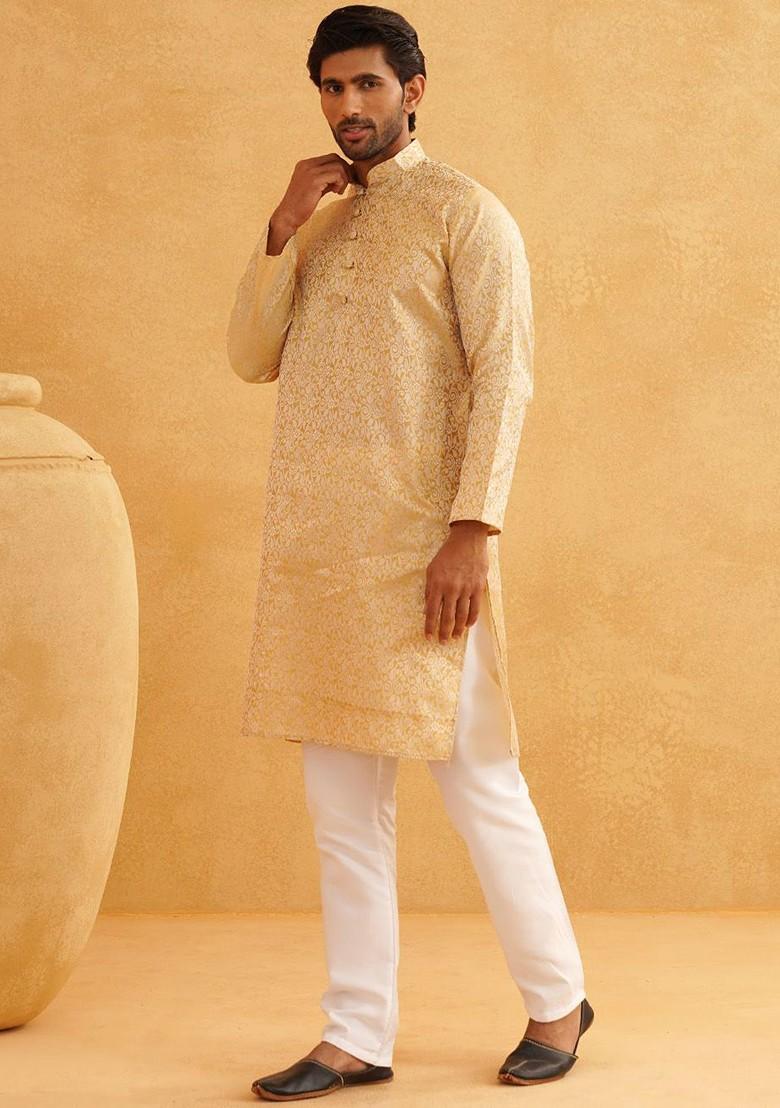 Gold Woven Poly Blend Kurta Set For Men