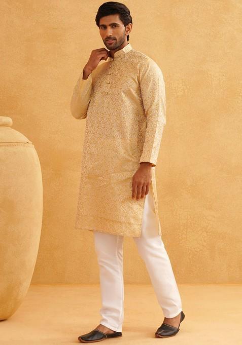 Gold Woven Poly Blend Kurta Set For Men