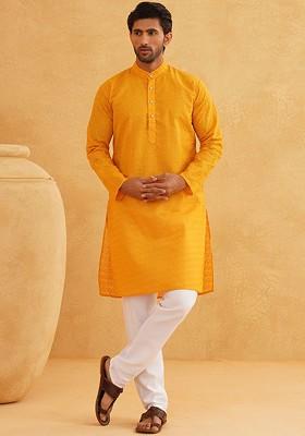 Mustard Thread Work Cotton Kurta Set For Men