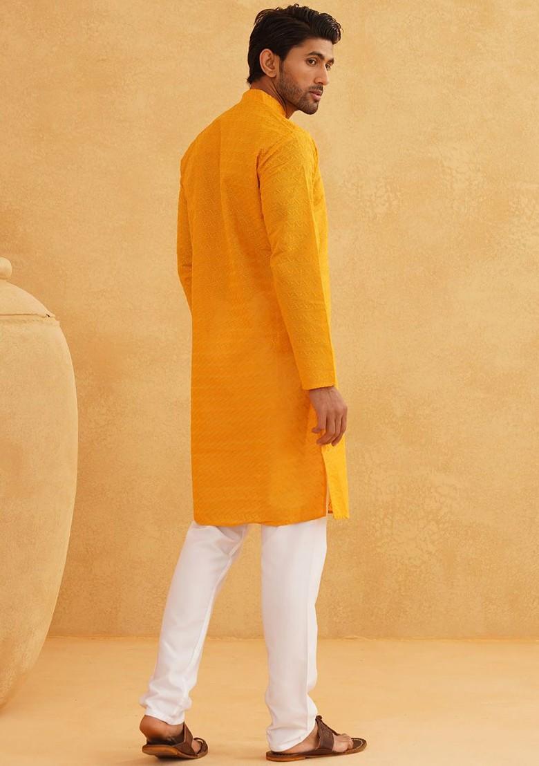 Mustard Thread Work Cotton Kurta Set For Men