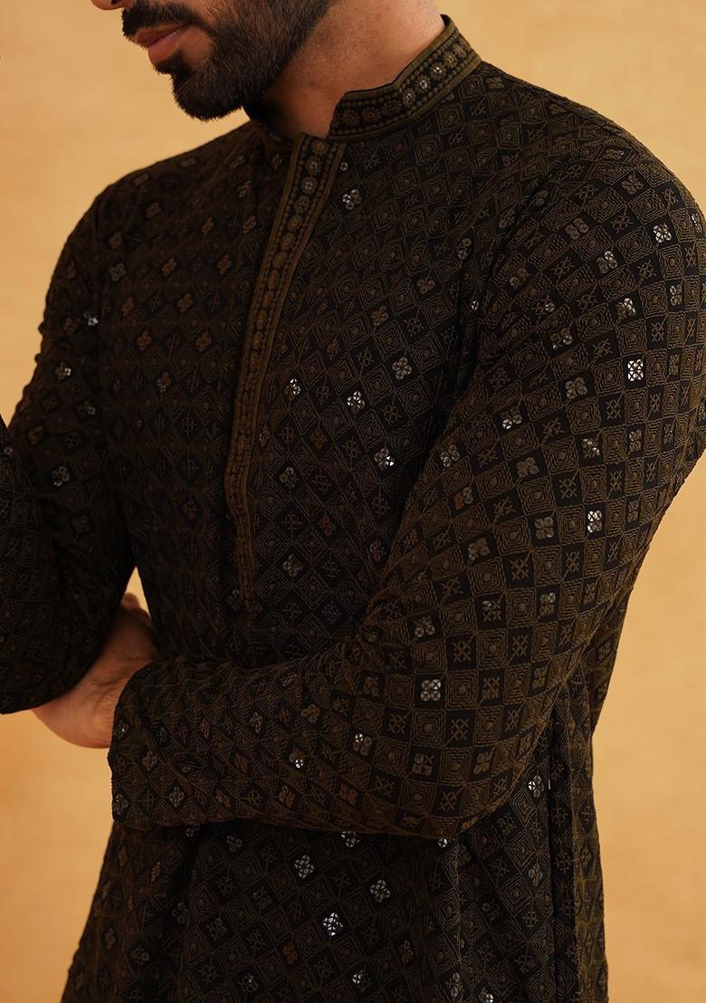 Green Embroidered Cotton Kurta Set For Men