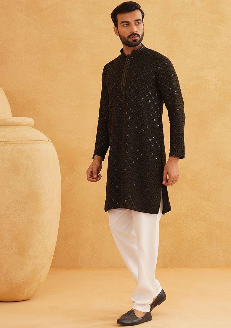 Green Embroidered Cotton Kurta Set For Men