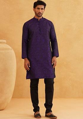 Purple Woven Poly Blend Kurta Set For Men