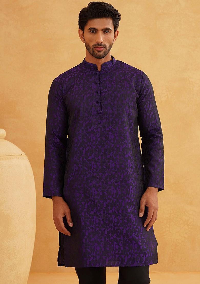 Purple Woven Poly Blend Kurta Set For Men