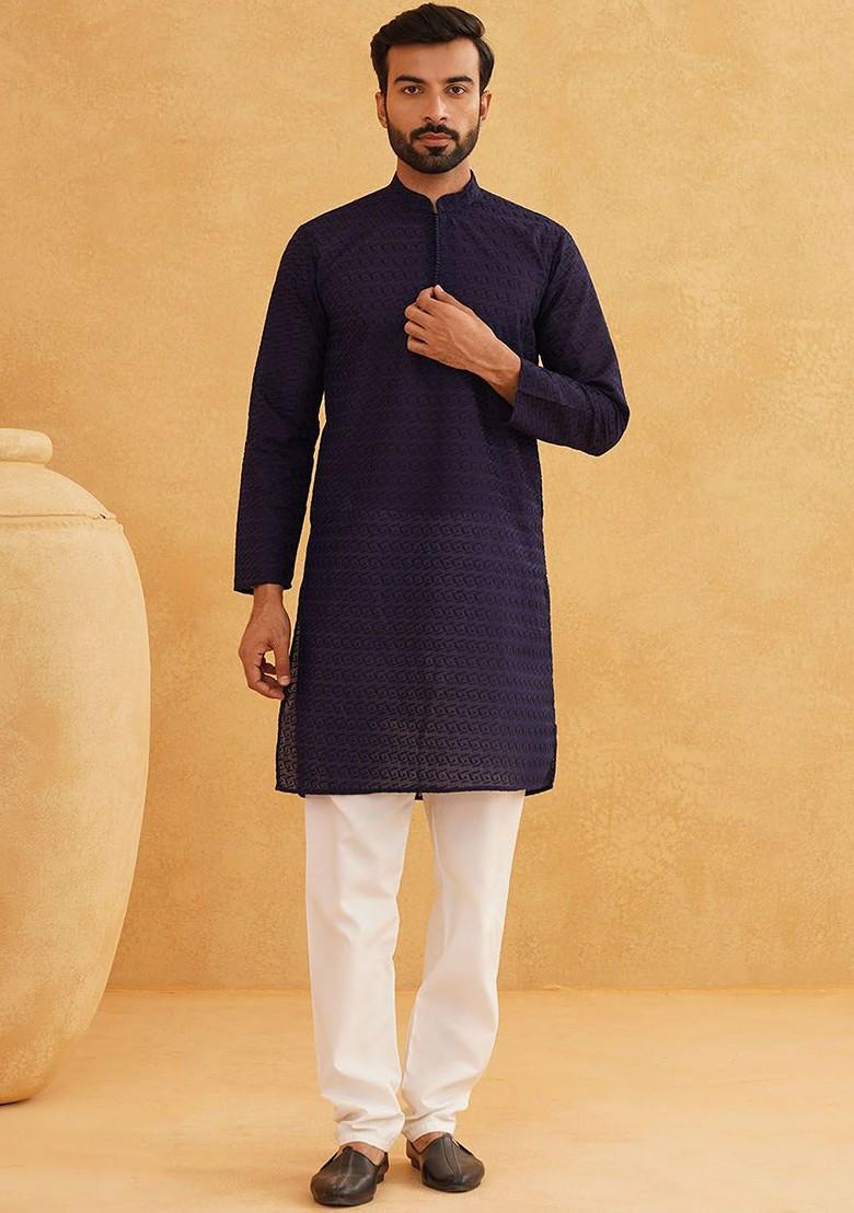 Navy Blue Embroidered Cotton Kurta Set For Men