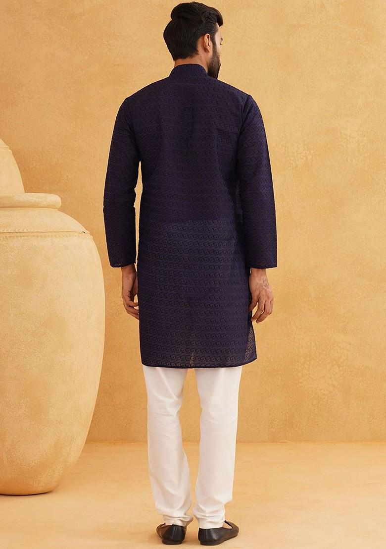 Navy Blue Embroidered Cotton Kurta Set For Men