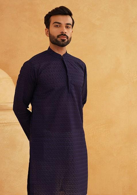 Navy Blue Embroidered Cotton Kurta Set For Men