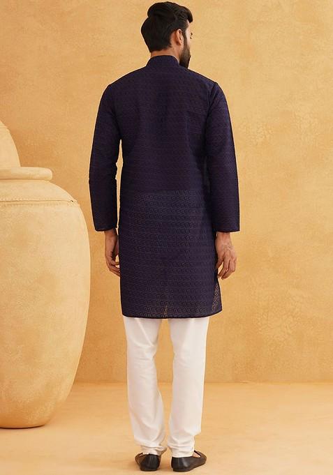 Navy Blue Embroidered Cotton Kurta Set For Men