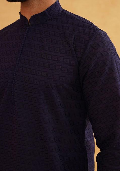 Navy Blue Embroidered Cotton Kurta Set For Men