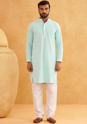 Turquoise Blue Embroidered Cotton Kurta Set For Men