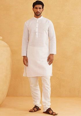 White Embroidered Cotton Kurta Set For Men