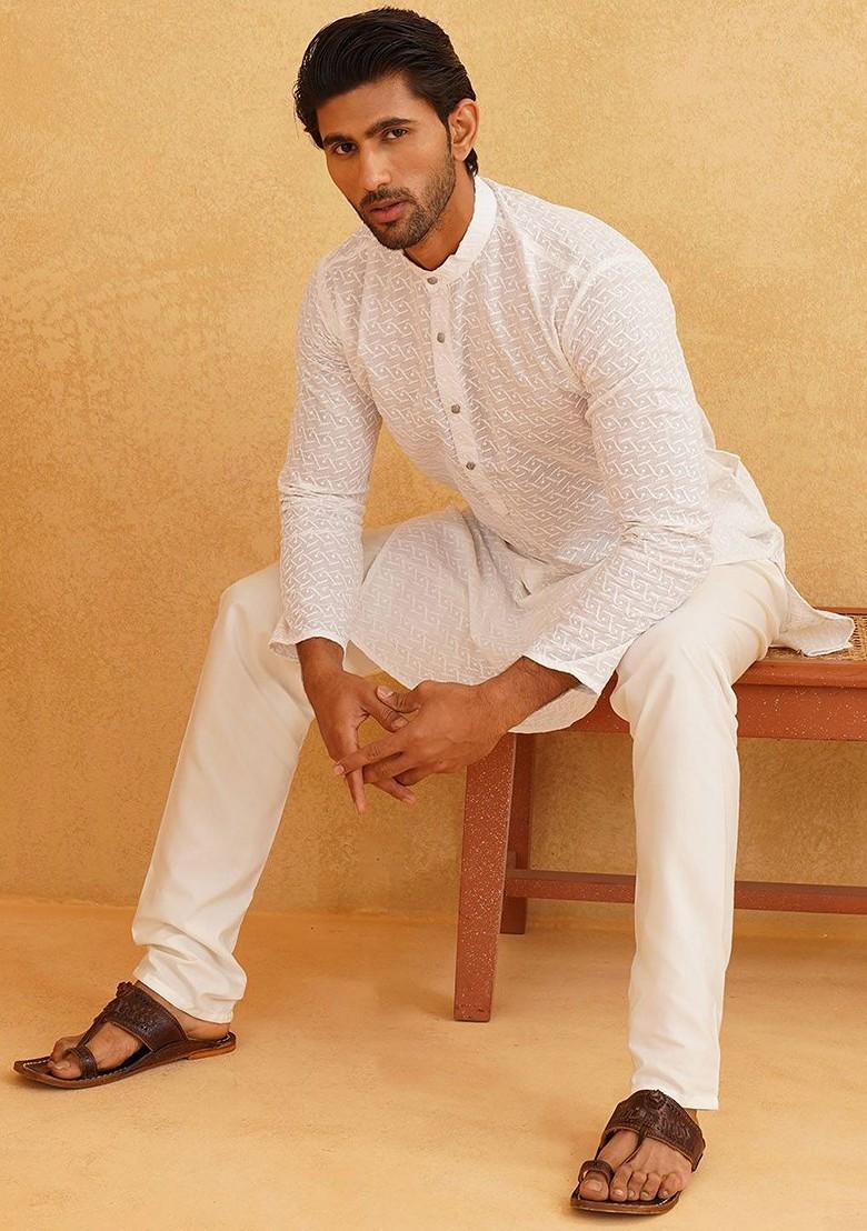 White Embroidered Cotton Kurta Set For Men