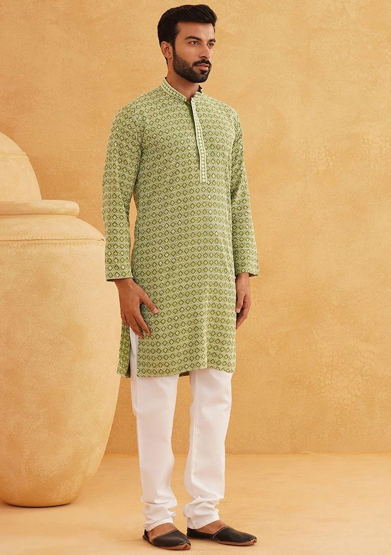 Green Embroidered Cotton Kurta Set For Men