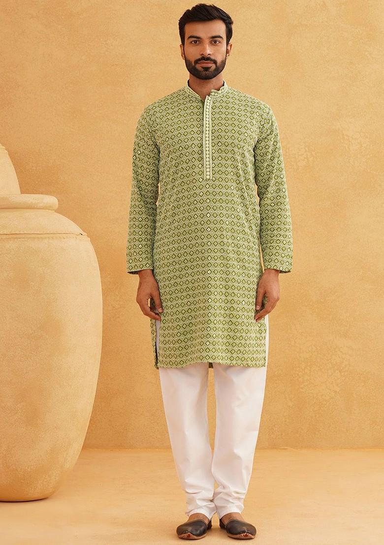 Green Embroidered Cotton Kurta Set For Men