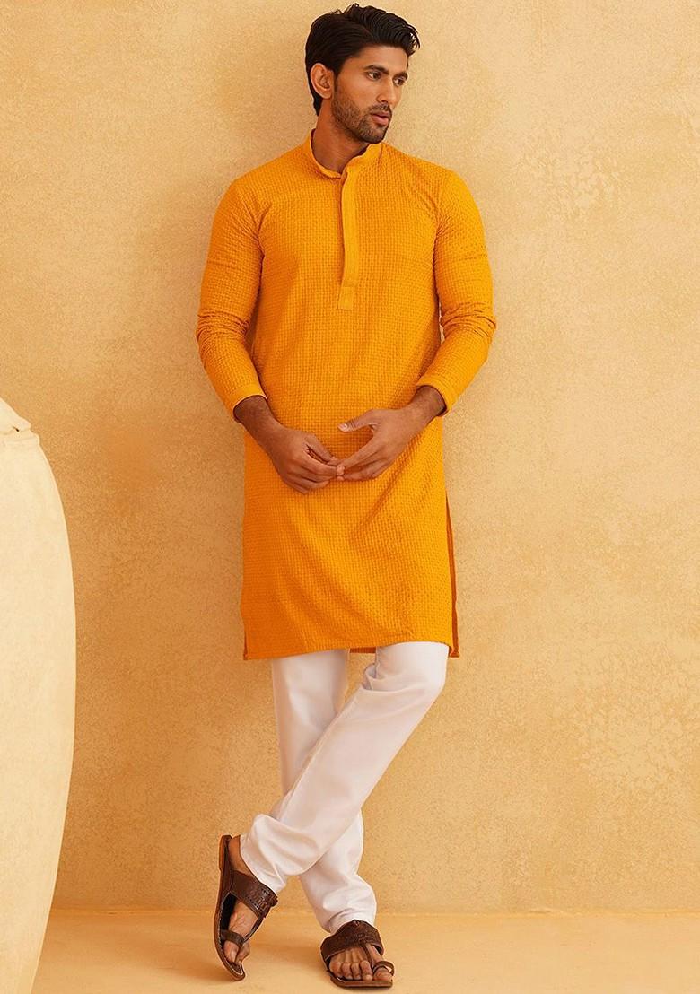 Mustard Embroidered Cotton Kurta Set For Men