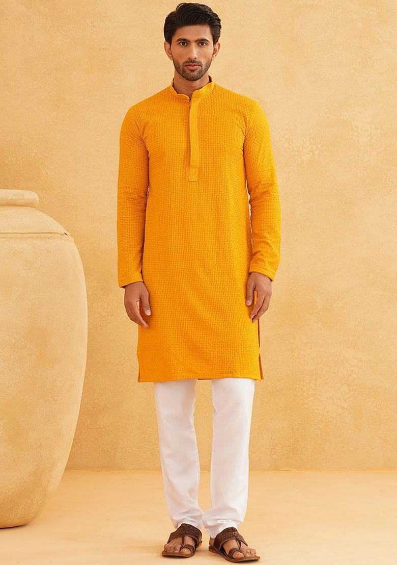 Mustard Embroidered Cotton Kurta Set For Men