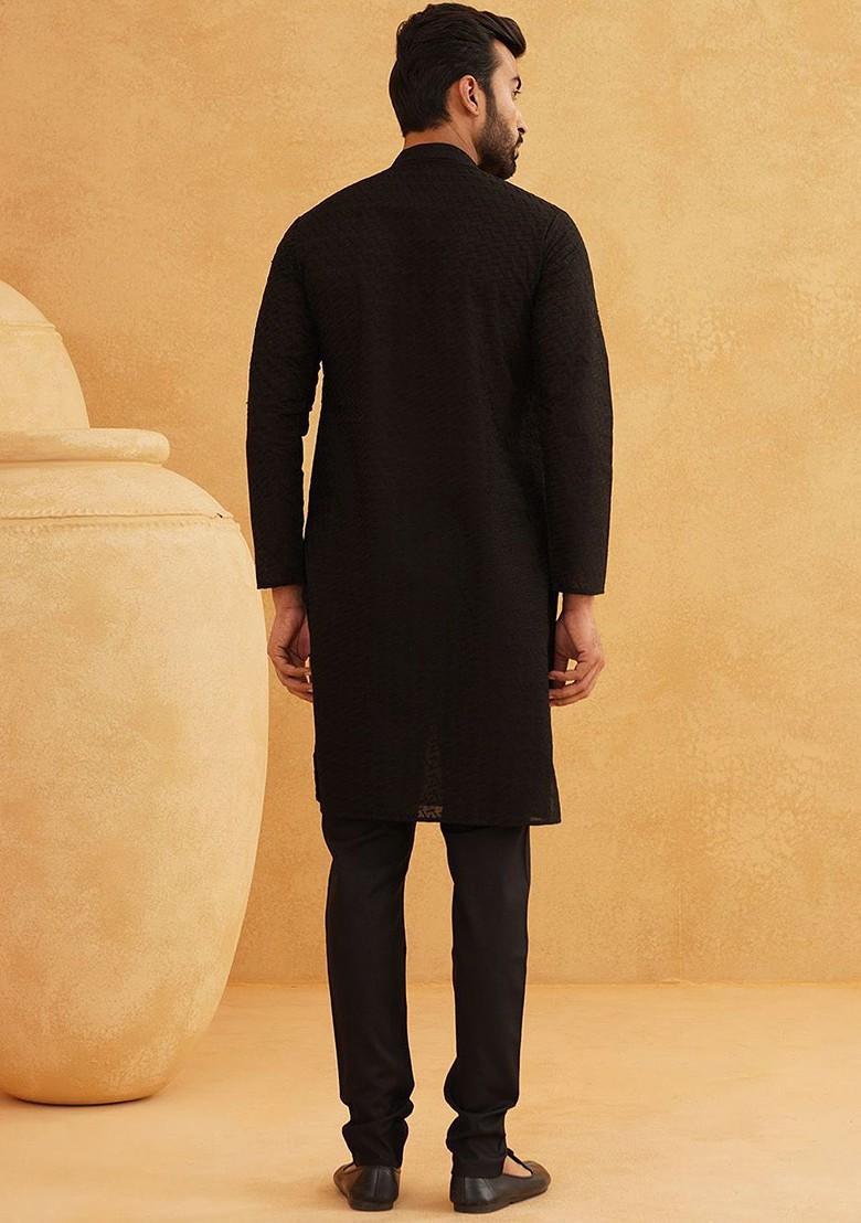 Black Embroidered Cotton Kurta Set For Men