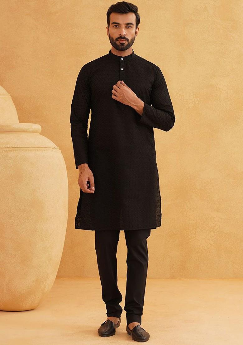 Black Embroidered Cotton Kurta Set For Men