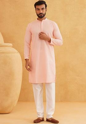 Peach Embroidered Cotton Kurta Set For Men