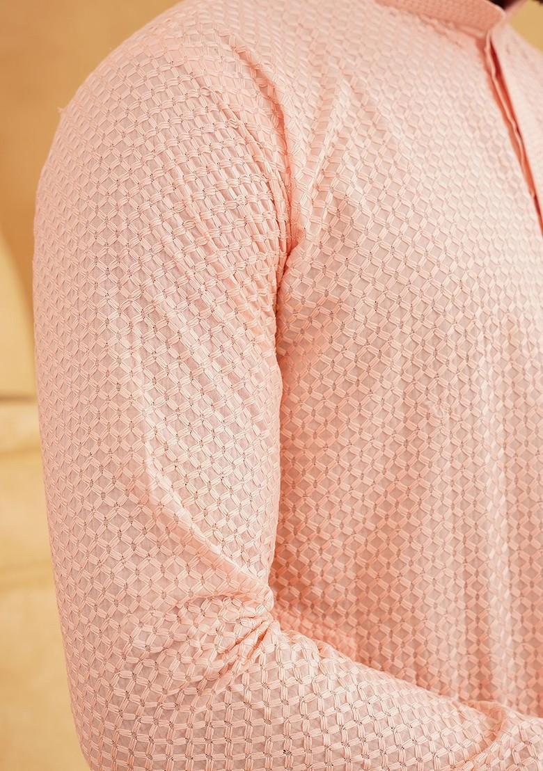 Peach Embroidered Cotton Kurta Set For Men