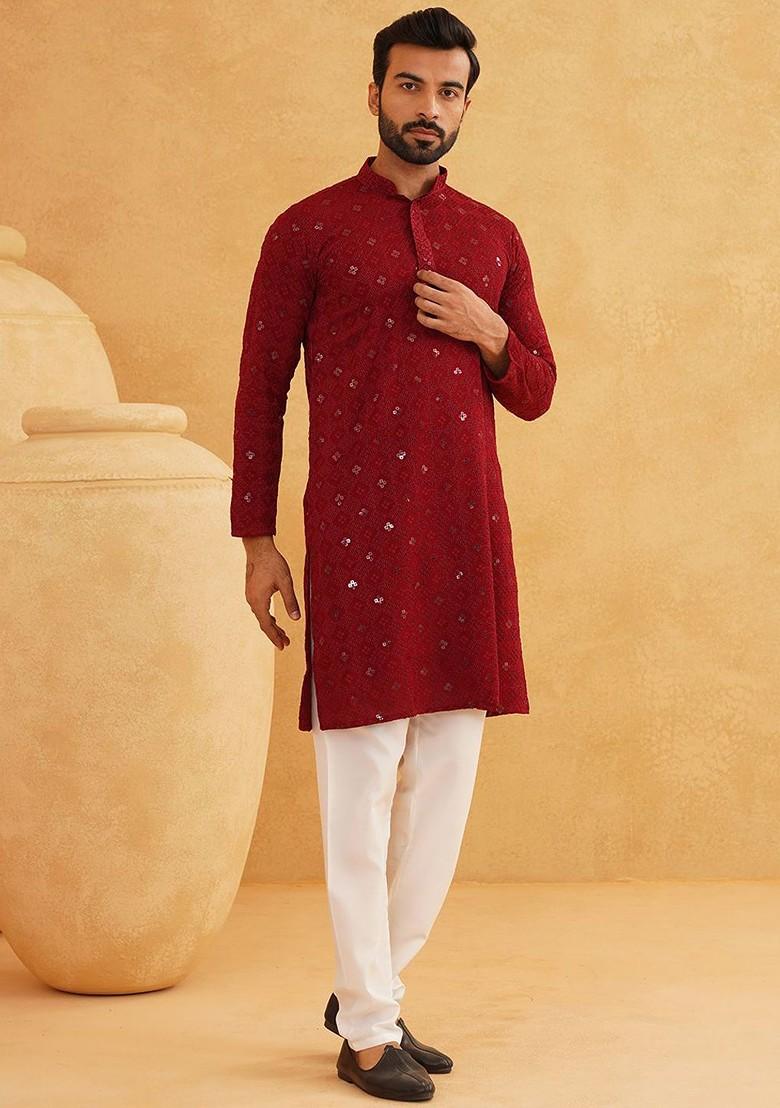 Maroon Embroidered Cotton Kurta Set For Men