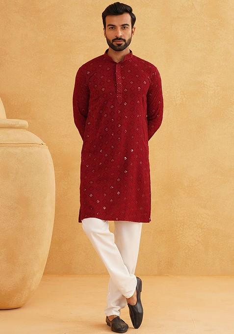 Maroon Embroidered Cotton Kurta Set For Men