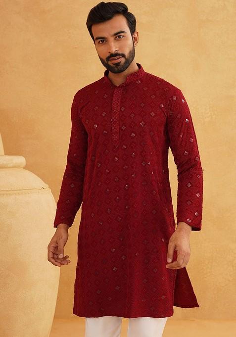 Maroon Embroidered Cotton Kurta Set For Men