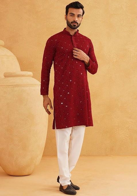 Maroon Embroidered Cotton Kurta Set For Men