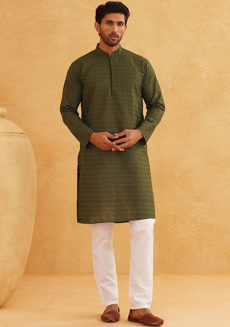 Green Embroidered Cotton Kurta Set For Men