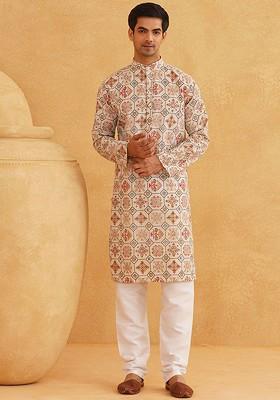 Cream Ethnic Motifs Poly Blend Kurta Set For Men