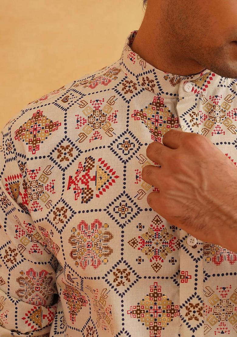 Cream Ethnic Motifs Poly Blend Kurta Set For Men