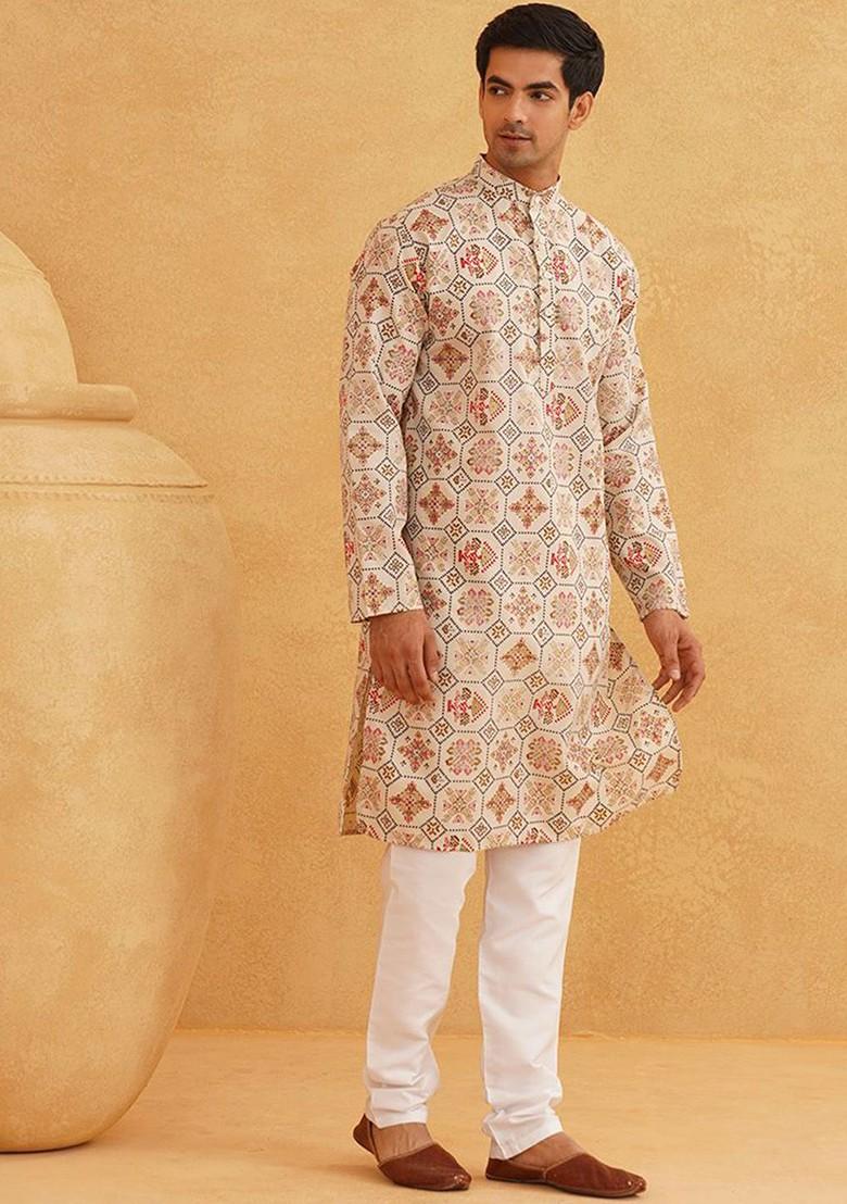 Cream Ethnic Motifs Poly Blend Kurta Set For Men