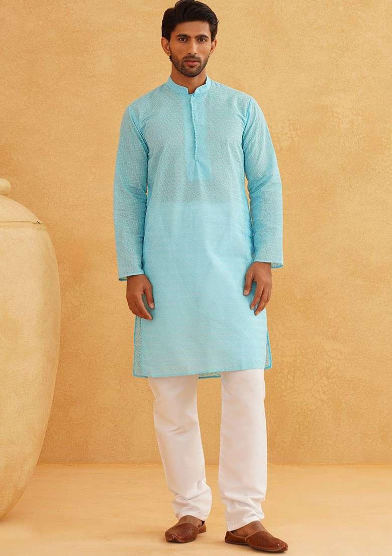 Turquoise Blue Embroidered Cotton Kurta Set For Men - Indya