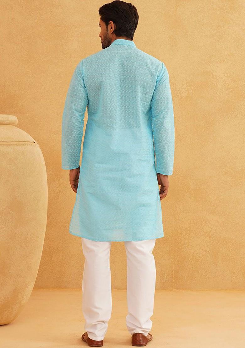 Turquoise Blue Embroidered Cotton Kurta Set For Men