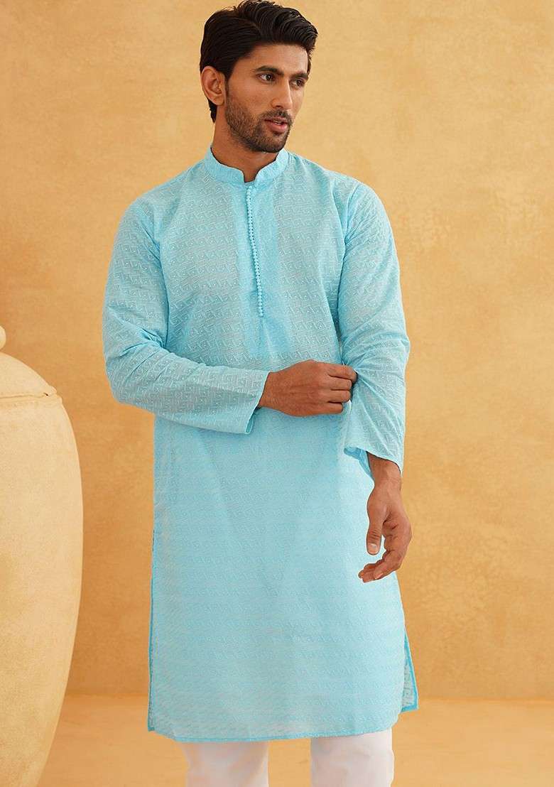 Turquoise Blue Embroidered Cotton Kurta Set For Men - Indya