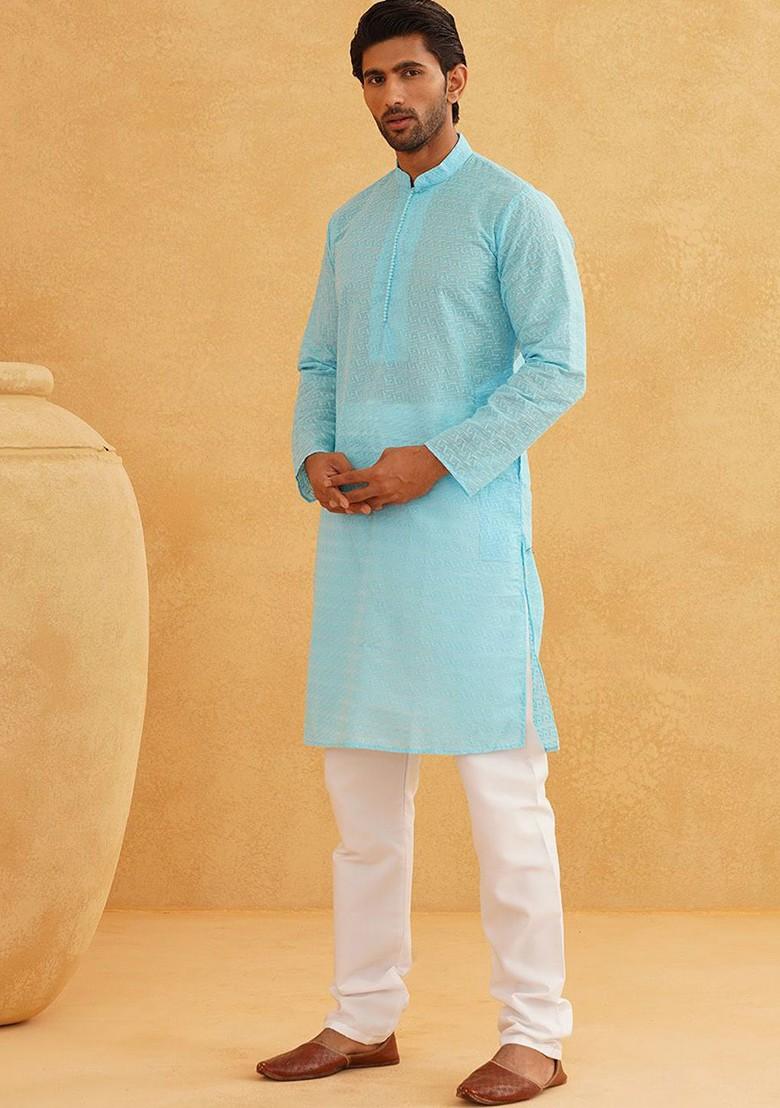 Turquoise Blue Embroidered Cotton Kurta Set For Men
