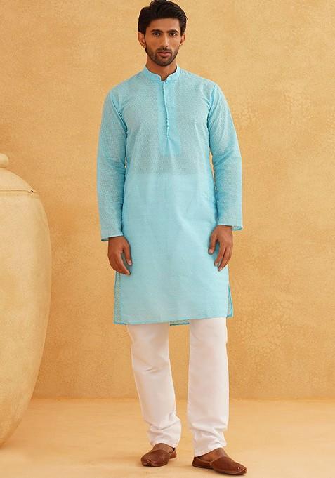 Turquoise Blue Embroidered Cotton Kurta Set For Men — view on Indya
