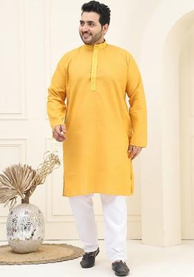 Mustard Checked Cotton Kurta Set For Men