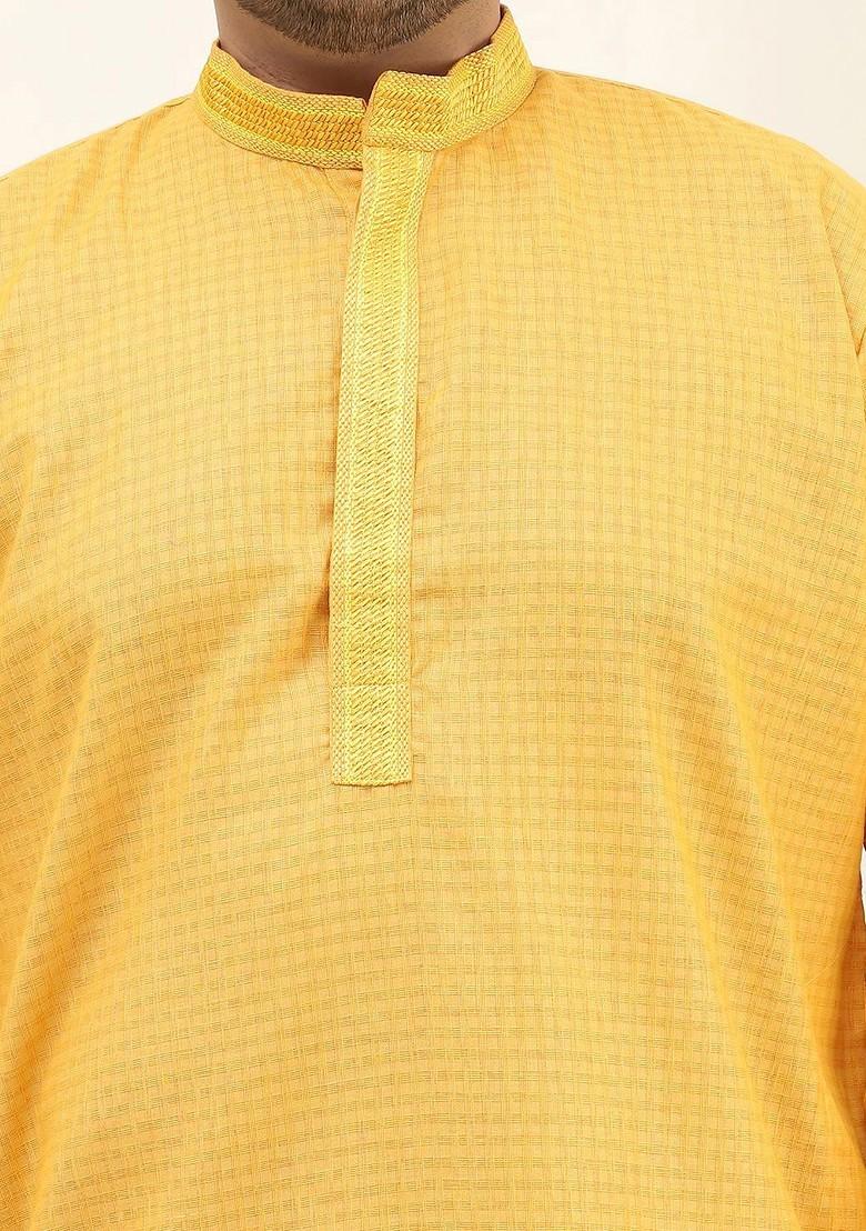 Mustard Checked Cotton Kurta Set For Men