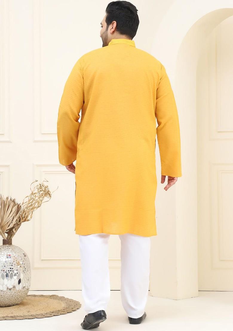 Mustard Checked Cotton Kurta Set For Men