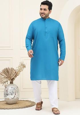 Blue Solid Cotton Kurta Set For Men
