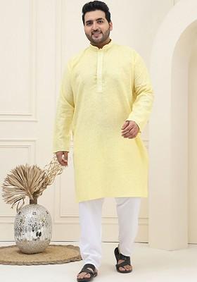 Yellow Checked Cotton Kurta Set For Men