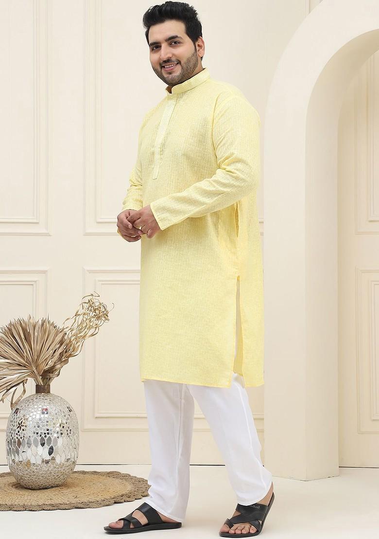 Yellow Checked Cotton Kurta Set For Men