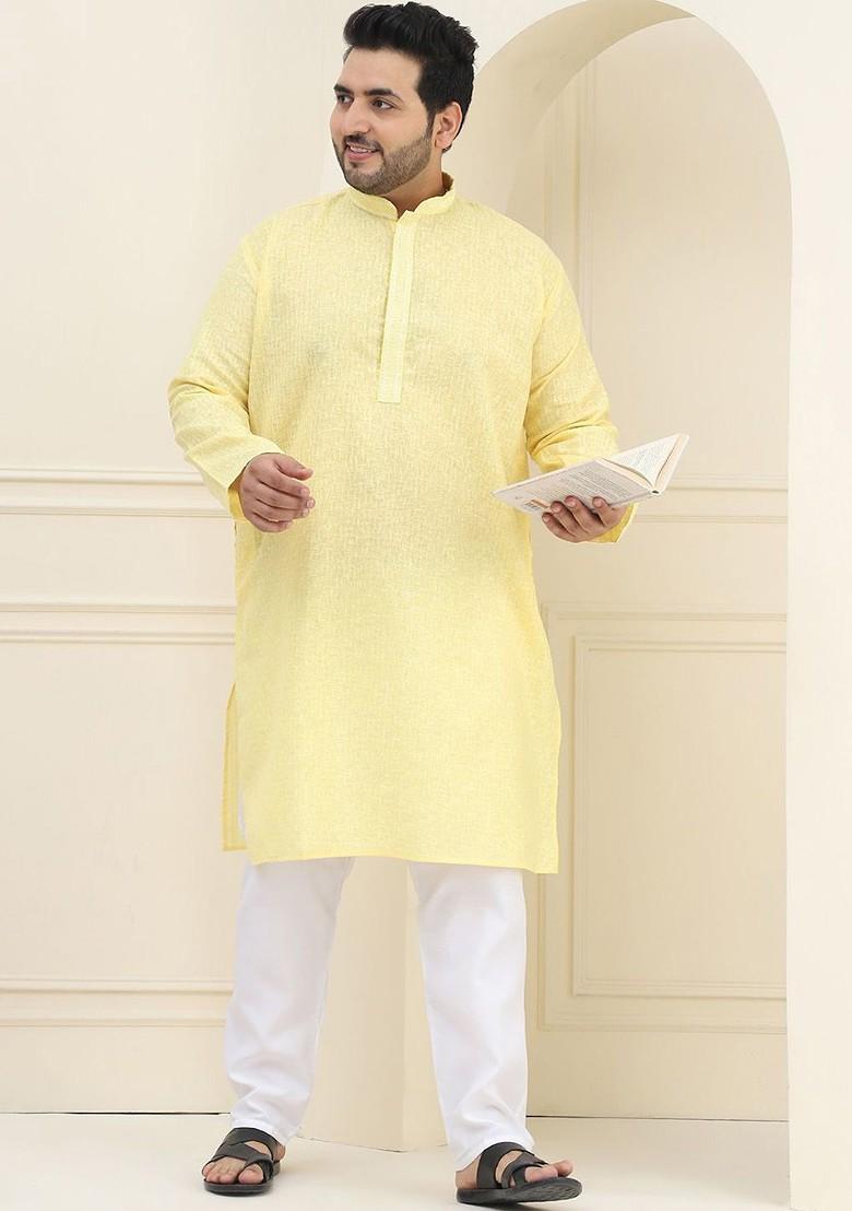 Yellow Checked Cotton Kurta Set For Men